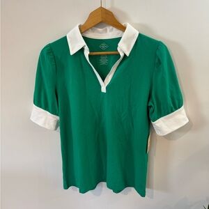 St. John’s Bay Contrast V-Neck Polo Shirt, Green/White, Sz M NWT